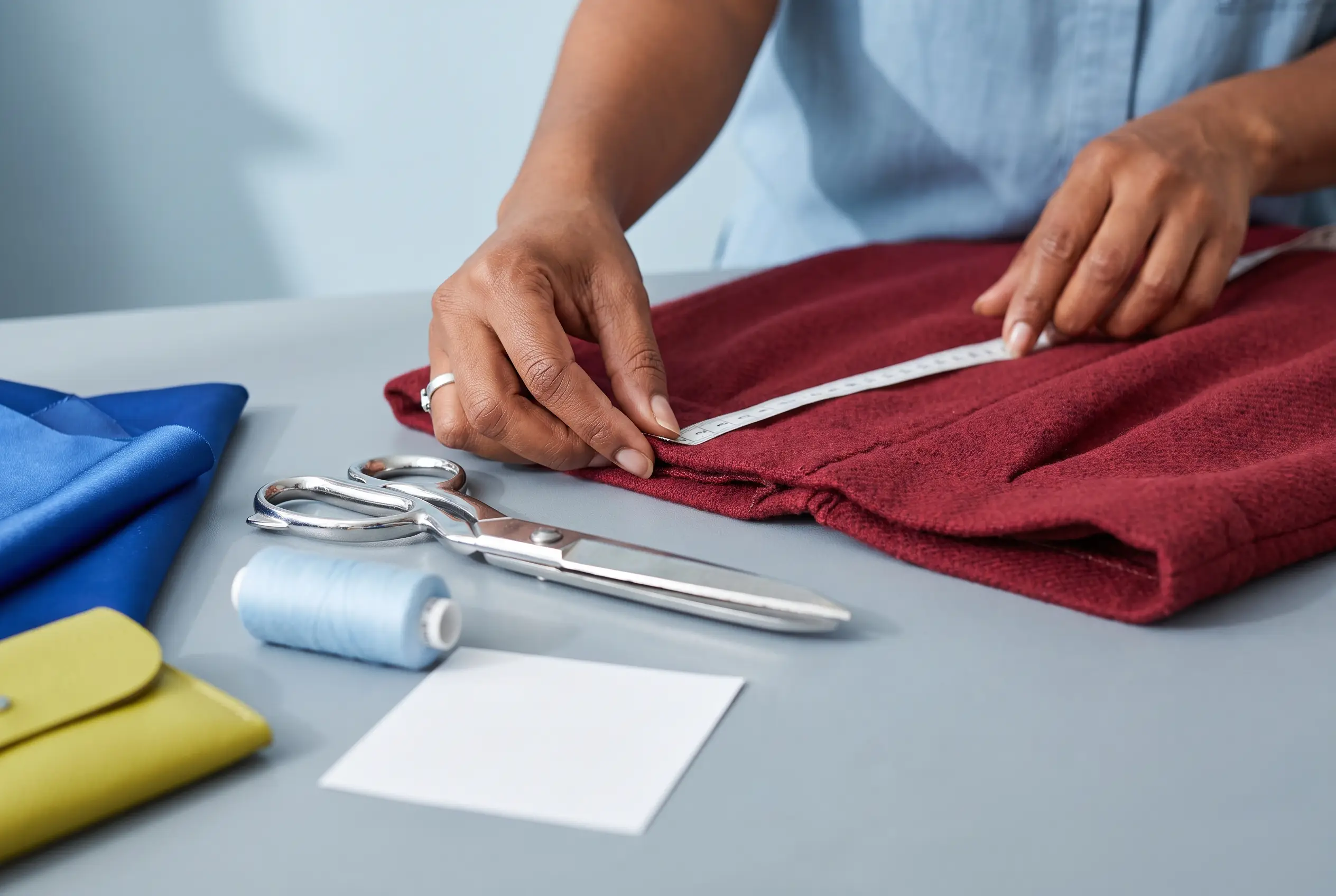 Hands considering a garment seam at a tailoring worktable